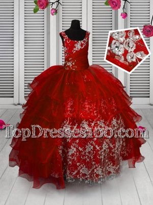 Red Ball Gowns Straps Sleeveless Organza Floor Length Lace Up Appliques and Ruffled Layers Kids Pageant Dress