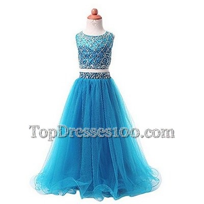 Beauteous Aqua Blue Scoop Zipper Beading Flower Girl Dresses Sleeveless
