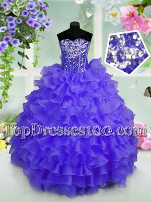 Captivating Sleeveless Floor Length Ruffled Layers and Sequins Lace Up Pageant Gowns For Girls with Blue