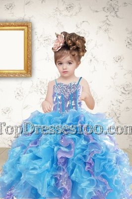 Glittering Sequins Spaghetti Straps Sleeveless Lace Up Kids Pageant Dress Multi-color Organza