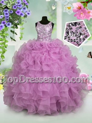 Lovely Scoop Sleeveless Toddler Flower Girl Dress Floor Length Ruffles and Sequins Lilac Organza