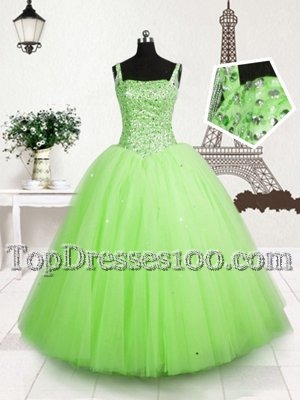 Cute Apple Green Ball Gowns Straps Sleeveless Tulle Floor Length Lace Up Beading and Sequins Casual Dresses