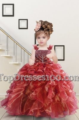 Floor Length Lace Up Kids Pageant Dress Watermelon Red and In for Military Ball and Sweet 16 and Quinceanera with Beading and Ruffles