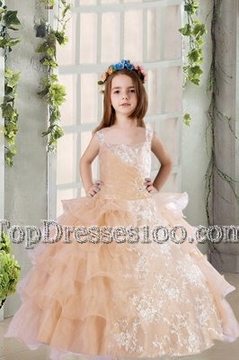 Square Sleeveless Organza Flower Girl Dresses for Less Lace and Ruffled Layers Zipper