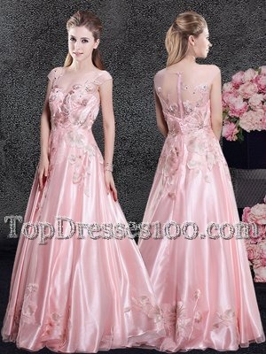 Popular Baby Pink Scoop Zipper Appliques Prom Dresses Cap Sleeves