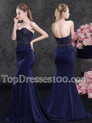 Customized Mermaid Satin Sleeveless With Train Prom Party Dress Brush Train and Beading