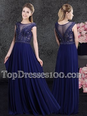 Navy Blue Empire Chiffon Scoop Cap Sleeves Beading and Appliques Floor Length Side Zipper Dress for Prom