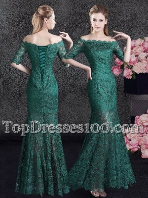 Glittering Mermaid Dark Green Lace Up Scalloped Lace Prom Gown Lace Half Sleeves