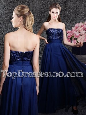 Lovely Navy Blue Empire Strapless Sleeveless Chiffon Floor Length Zipper Sequins Prom Gown