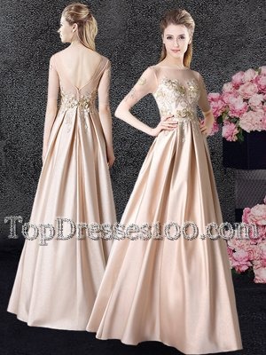 Scoop Champagne Taffeta Zipper Prom Party Dress Half Sleeves Floor Length Appliques