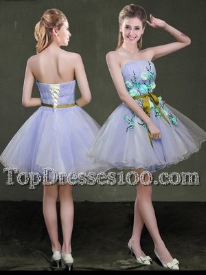 Organza Strapless Sleeveless Lace Up Appliques and Belt Cocktail Dresses in Lavender