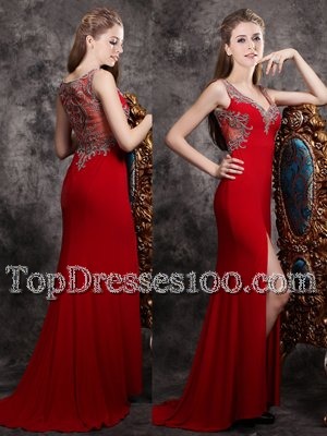 Decent Red Zipper Prom Party Dress Appliques Sleeveless With Brush Train