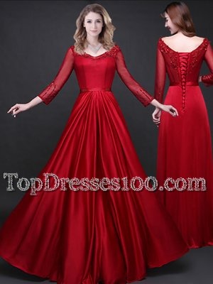 Wine Red Long Sleeves Elastic Woven Satin Lace Up Prom Gown for Prom