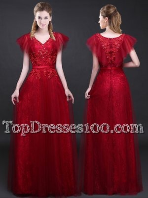 Lace Wine Red Zipper Appliques and Belt Short Sleeves Floor Length