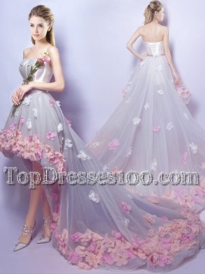 Shining Grey A-line Appliques Pageant Dress Toddler Lace Up Tulle Sleeveless High Low