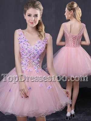 Mini Length Lavender Party Dresses Organza Sleeveless Lace and Appliques