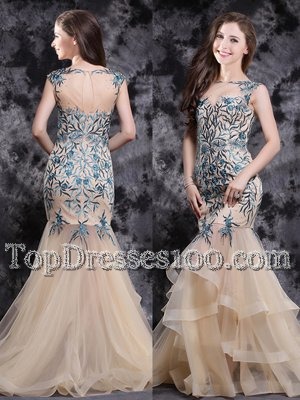 Mermaid Sleeveless Brush Train Appliques and Ruffles Zipper High School Pageant Dress