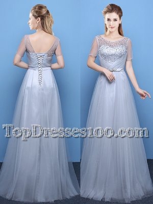 Scoop Short Sleeves Floor Length Beading Lace Up Prom Evening Gown with Grey