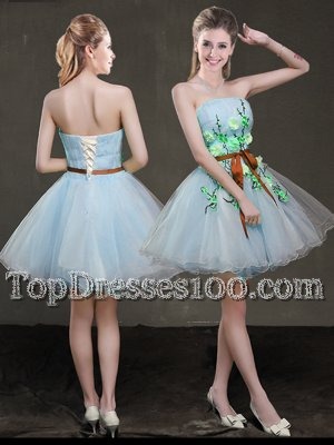Light Blue Lace Up Strapless Appliques and Belt Teens Party Dress Organza Sleeveless
