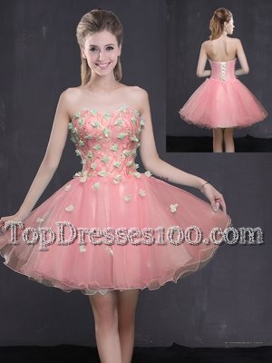 Pink A-line Appliques Party Dress for Toddlers Lace Up Organza Sleeveless Mini Length