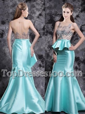 Mermaid Scoop Appliques Aqua Blue Zipper Sleeveless Brush Train