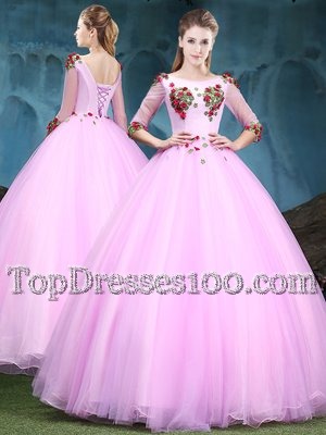Baby Pink Lace Up Scoop Appliques 15 Quinceanera Dress Tulle Half Sleeves
