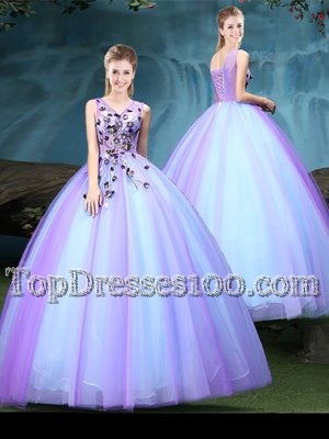 Fashionable Tulle V-neck Sleeveless Lace Up Appliques Quinceanera Gowns in Blue and Lilac