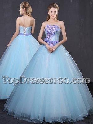 Beautiful Strapless Sleeveless Quinceanera Gown Floor Length Appliques and Belt Light Blue Tulle