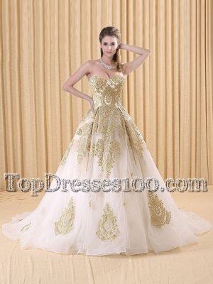 High Class Sleeveless Sweep Train Appliques Lace Up Vestidos de Quinceanera