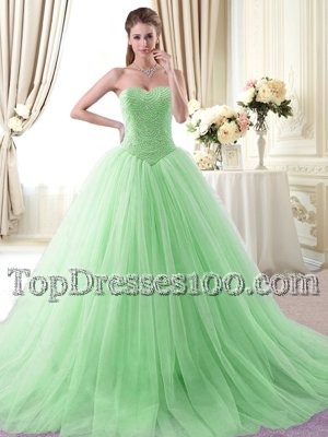 Tulle Sweetheart Sleeveless Brush Train Lace Up Beading Sweet 16 Dress in Apple Green