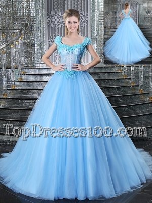 Great Light Blue Straps Lace Up Beading and Appliques Quinceanera Gowns Brush Train Sleeveless