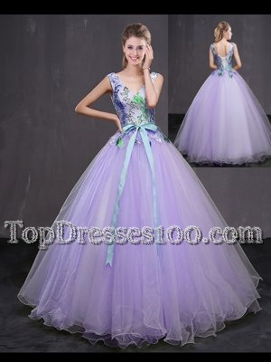Sleeveless Lace Up Floor Length Beading and Belt Sweet 16 Dress