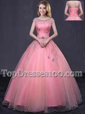 Watermelon Red Scoop Neckline Beading and Belt Quinceanera Gowns Cap Sleeves Lace Up
