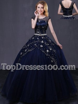 Extravagant Scoop Cap Sleeves Floor Length Beading and Belt Lace Up Quinceanera Dress with Navy Blue