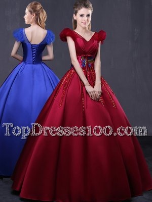 Modern Wine Red Ball Gowns Embroidery 15th Birthday Dress Lace Up Satin Sleeveless Floor Length