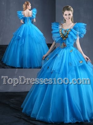 Trendy Appliques and Ruffles Sweet 16 Dress Baby Blue Lace Up Sleeveless Floor Length