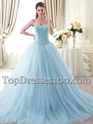 Light Blue Sleeveless Beading Floor Length Quinceanera Gown