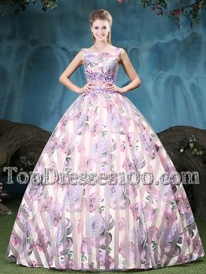 Perfect Straps Sleeveless Quinceanera Gowns Floor Length Appliques and Pattern Multi-color Tulle
