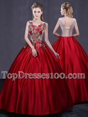 Scoop Wine Red Sleeveless Appliques Floor Length Ball Gown Prom Dress