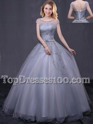 Superior Grey Ball Gowns Tulle Scoop Cap Sleeves Beading and Belt Floor Length Lace Up Quinceanera Dress