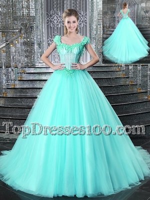 Adorable Aqua Blue Straps Neckline Beading and Appliques Sweet 16 Quinceanera Dress Sleeveless Lace Up