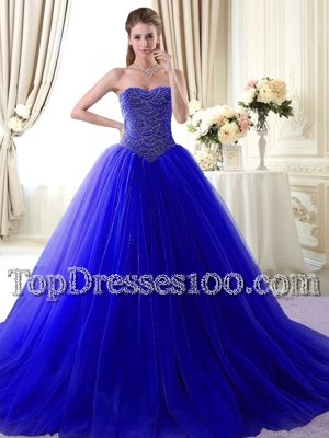 Cheap Royal Blue Sweet 16 Dress Military Ball and Sweet 16 and Quinceanera and For with Beading Sweetheart Sleeveless Brush Train Lace Up
