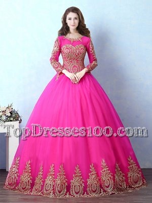 Excellent Scoop Long Sleeves Lace Up Sweet 16 Quinceanera Dress Fuchsia Tulle