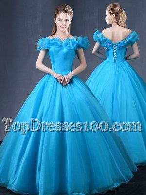 Tulle Off The Shoulder Cap Sleeves Lace Up Appliques 15th Birthday Dress in Baby Blue
