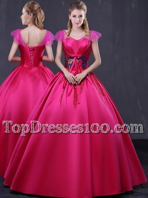 Fashionable Hot Pink Lace Up V-neck Appliques Sweet 16 Dress Satin Cap Sleeves