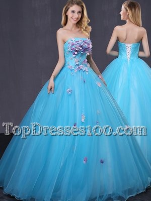 Scoop Sleeveless Tulle Floor Length Lace Up Vestidos de Quinceanera in Navy Blue for with Appliques