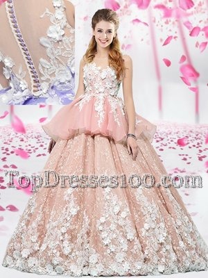 Modest Scoop Sleeveless Vestidos de Quinceanera Floor Length Lace and Appliques Pink Organza and Tulle