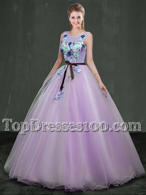 Scoop Sleeveless Organza Floor Length Lace Up 15 Quinceanera Dress in Lavender for with Appliques