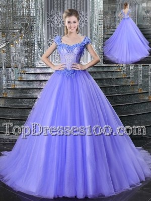 Free and Easy Straps Sleeveless Brush Train Lace Up Vestidos de Quinceanera Lavender Tulle