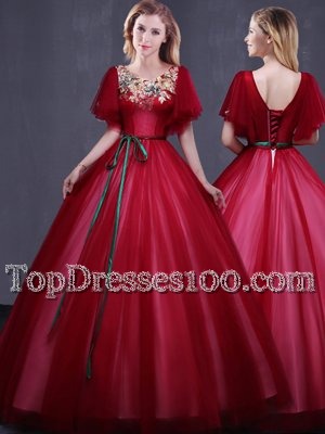 Scoop Sleeveless Brush Train Appliques Zipper Quinceanera Dresses